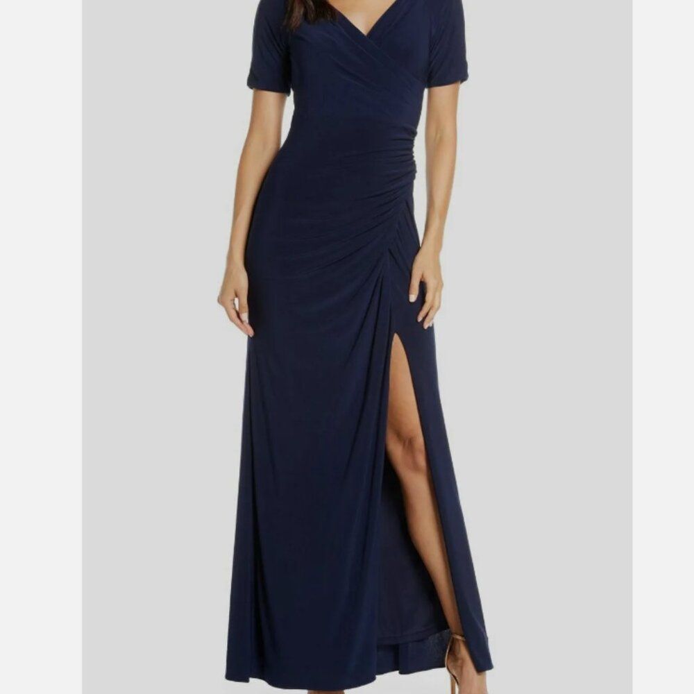 Adrianna Papell Navy Blue V Neck Short Sleeve Stretch Gown Size 4 Formal